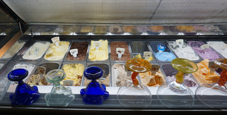 Different flavors of Italian ice cream at Spain at Messina, Italy - September 23, 2025のeditorial素材