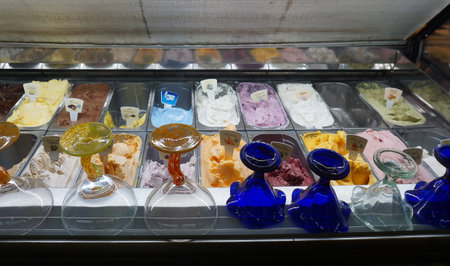 Different flavors of Italian ice cream at Spain at Messina, Italy - September 23, 2025のeditorial素材
