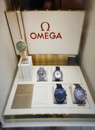 Sanremo, Italy - September 28, 2025: Omega watch logo in the Omega store in Belgrade, Serbia. Omega watches date from the 19th century. Illustrative editorialのeditorial素材