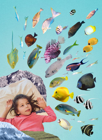 Little girl and tropical fishes. Collage. Education conceptの写真素材