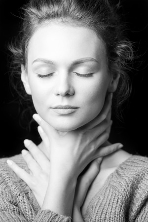 black and white portrait of beautiful girl with accessoryの写真素材