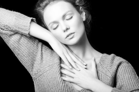 black and white portrait of beautiful girl with accessoryの写真素材