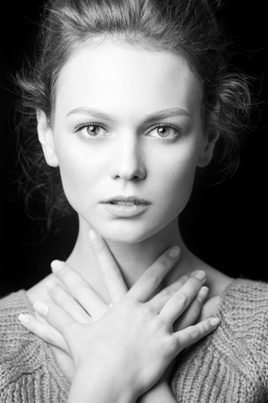 black and white portrait of beautiful girl with accessoryの写真素材