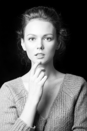 black and white portrait of beautiful girl with accessoryの写真素材