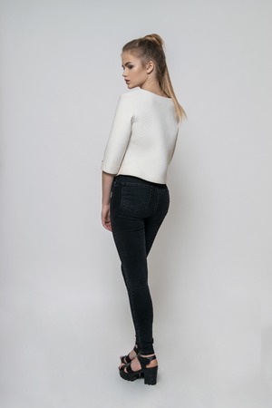 Beautiful blonde with white and black clothing
