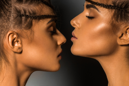 Portrait of gorgeous twins in studio over grey background togetherの写真素材