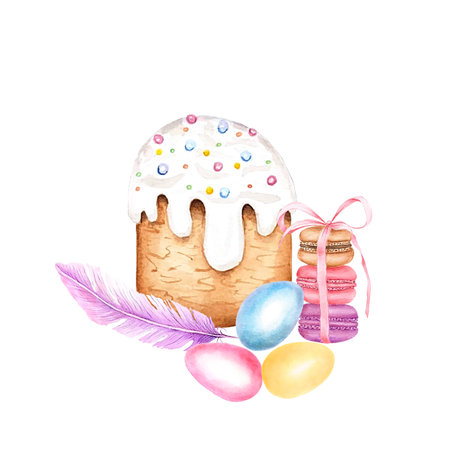 Easter cake drawn in watercolor, illustration on a white background. Happy easter Cute easter patterns, baking for the holiday.の写真素材
