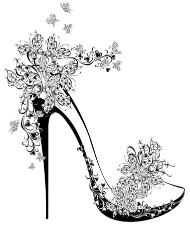 Shoes on a high heel decorated with flowers and butterfliesのイラスト素材