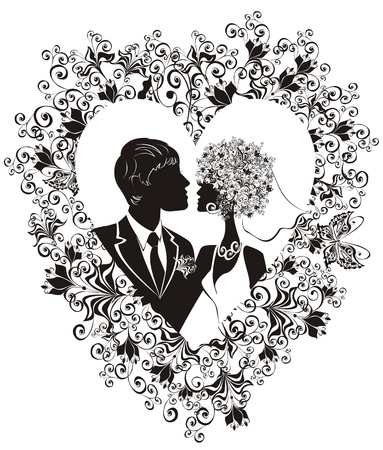 Groom and bride with beautiful floral heartのイラスト素材