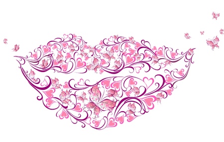 	Sensuality lips. Flower lips with butterfliesのイラスト素材
