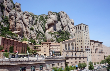 Montserrat Monastery is a beautiful Benedictine Abbey high up in the mountains near Barcelona, Catalonia, Spain のeditorial素材