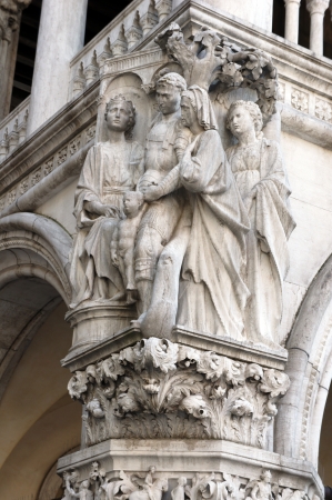 Column capital at Doge s Palace in Venice shows architectural details of the Judgment of Solomon の写真素材