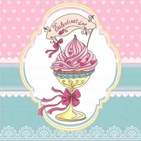 Cupcake with bow and hearts  Invitation card for valentines dayのイラスト素材