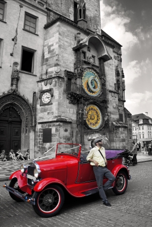 Prague, Czech Republic - September 5, 2013  Retro car near the astronomical clock in Old Town Square waiting tourists for guided tour of the main attractions of the city on September 5, 2013 in Pragueのeditorial素材