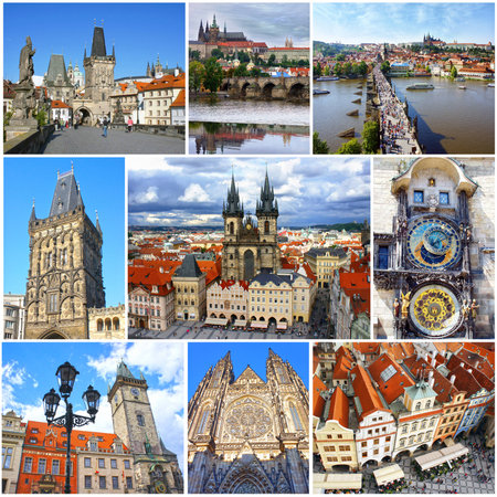 Collage of landmarks of Prague  Charles bridge, Cathedral of Saint Vitus, Orloj Astronomical Clock, Church of our Lady Tyn in old town of Prague, Czech Republicのeditorial素材