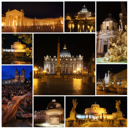 Rome in the night  Piazza Navona, Vatican, Spanish Steps, castle and bridge Saint Angelのeditorial素材