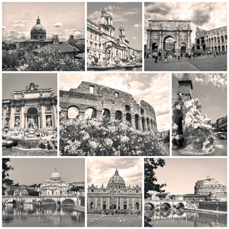 Collage of landmarks of Rome  Arch of Constantine, Colosseum, Piazza Navona, Vatican, Saint Peter cathedral, Castle and bridge Saint Angel, Fountain di Treviのeditorial素材