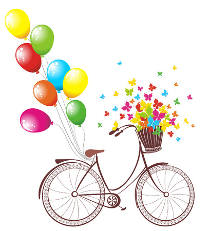 Romantic Birthday card. Bicycle with balloons and basket full of flowers and butterfliesのイラスト素材