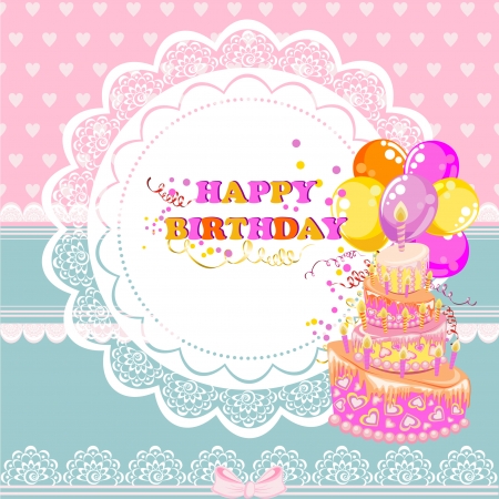 Beautiful Vintage card on Birthday with cake and ballonsのイラスト素材
