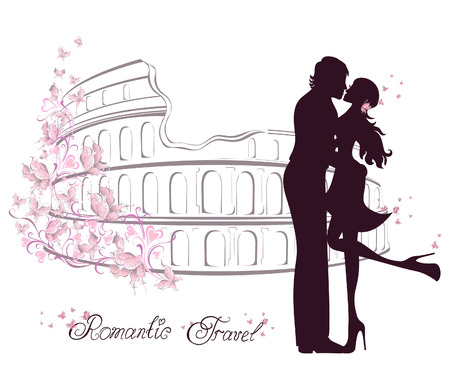 Honeymoon and Romantic Travel. Happy young lovers couple kissing in front of Colosseum in Rome, Italyのイラスト素材