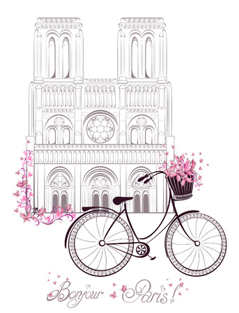 Bonjour Paris text with Notre Dame de Paris Cathedral and bicycle. Romantic postcard from France. Vector illustration.のイラスト素材