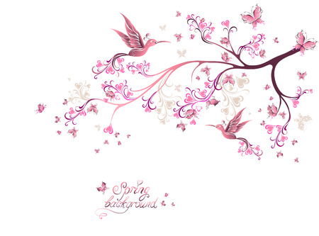 Spring tree and flying birds. Vector illustrationのイラスト素材