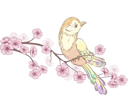 Birds sitting on blooming cherry tree  Decorative flower background  Hand drawing Vector illustration のイラスト素材