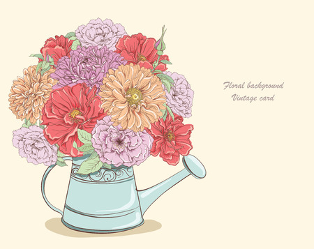 Beautiful bouquet of flowers in watering can  Hand drawn vector illustrationのイラスト素材