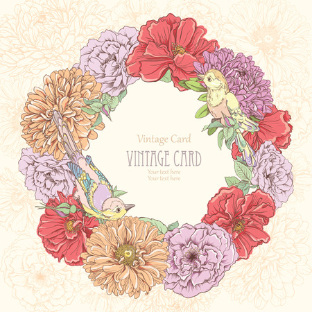 Beautiful vintage card with birds and round wreath of different flowers  Hand drawn vector illustrationのイラスト素材