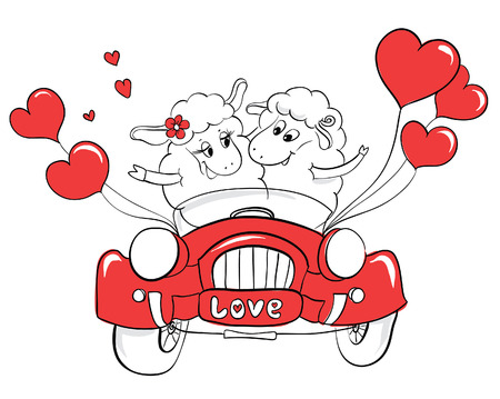 Couple in love. Happy couple sheep in wedding car. Idea for greeting card with Happy Wedding or Valentine's Day. Ð¡artoon doodle vector illustrationのイラスト素材