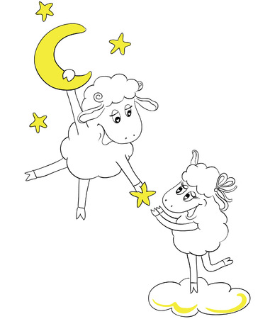 Happy couple sheep in love. Man on the moon gives the beloved woman stars. Idea for greeting card with Happy Wedding or Valentine's Day. Ð¡artoon doodle vector illustration
のイラスト素材