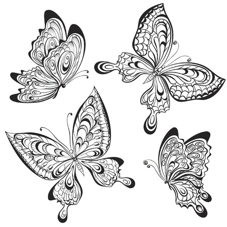 Vector set of black and white calligraphic butterflies isolated on white background. Tattoo designのイラスト素材