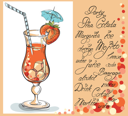 Vector hand drawn illustration of of tropical red Strawberry Daiquiri cocktail. Vintage cocktail party invitation card.のイラスト素材
