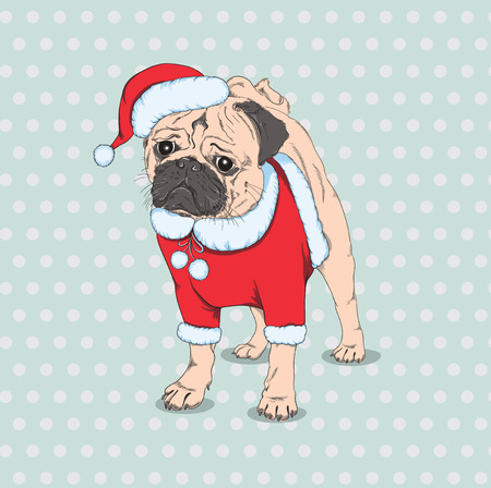 Hand Drawn Vector hipster dog  French Bulldog breed in the red hat of Santa Clausのイラスト素材