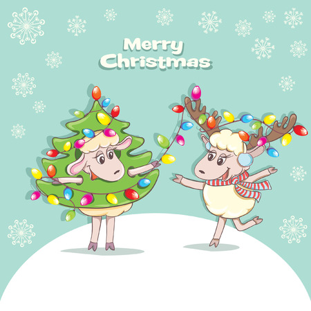 Cartoon funny sheeps with light bulbs. Vector Christmas illustrationのイラスト素材