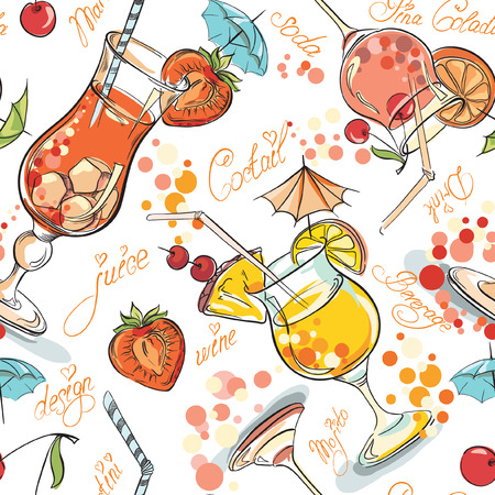 Vector seamless pattern with hand drawn cocktails and berriesのイラスト素材