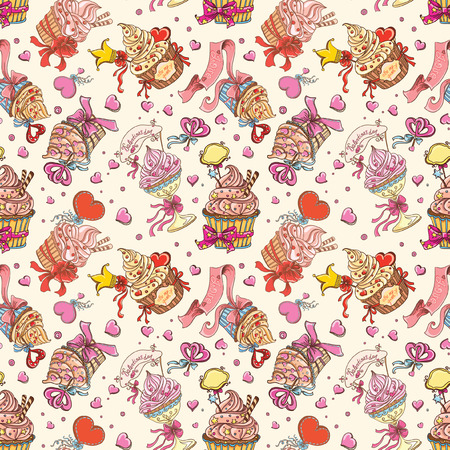 Sweets background. Vector seamless pattern with hand drawn various delicious cupcakesのイラスト素材