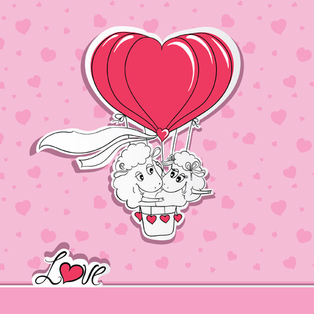 Couple in love. Hand drawn happy couple sheep riding a hot air balloon. Idea for greeting card with Happy Wedding or Valentine's Day. Vector illustrationのイラスト素材