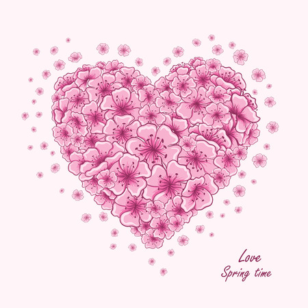 Spring card with beautiful sakura flowers. Valentine's day vector illustration of cherry blossom flowers in the shape of heartのイラスト素材