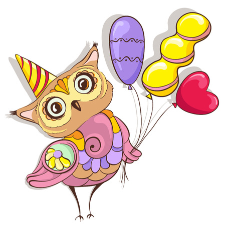 Birthday owls with balloons. Template greeting invitation card. Hand drawn vector illustrationのイラスト素材