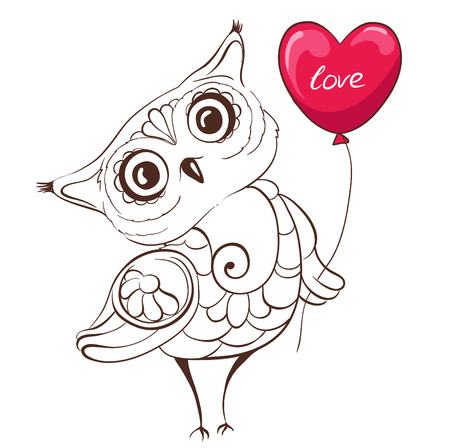 Cute owl with balloon in the shape of heart. Template greeting invitation card. Hand drawn vector illustrationのイラスト素材