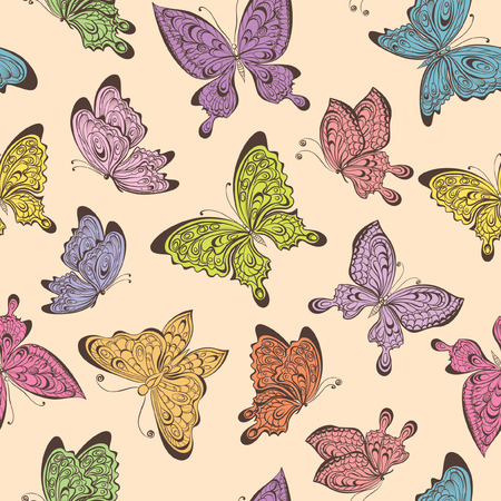 Retro Seamless pattern with colorful hand drawn butterflies. Vector illustrationのイラスト素材