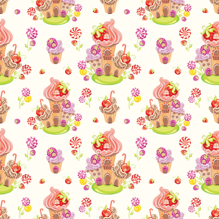 Seamless wallpaper background with fantasy sweet house with cupcakes, berries and lollipop candies. Vector illustrationのイラスト素材