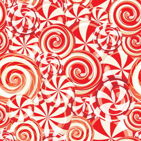 Seamless pattern background with different red and white sweet lollipop candies. Vector illustrationのイラスト素材