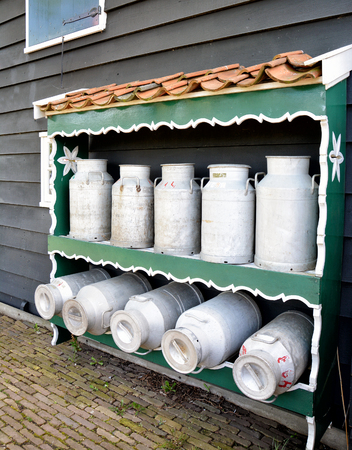 Milk cans in small dairy factory in Zaanse Schans near Amsterdam, Netherlandsのeditorial素材