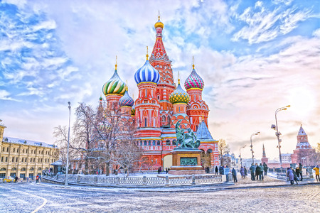 Saint Basil's Cathedral in Red Square in winter at sunset, Moscow, Russia.の写真素材