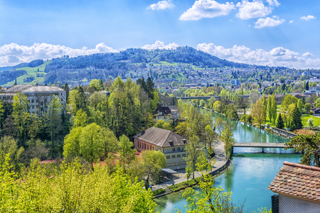 Alpine landscape overlooking the Aare River and houses in the mountains in the vicinity of the city...