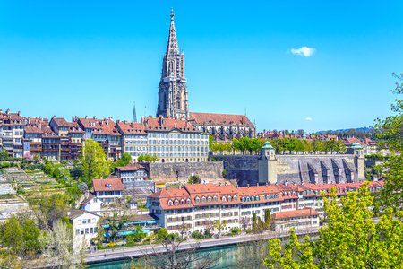 Panoramic view on Berner Munster cathedral and old town of Bern, capital of Switzerland
