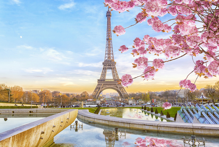 Eiffel Tower in the spring morning in Paris, France. Romantic travel background.のeditorial素材