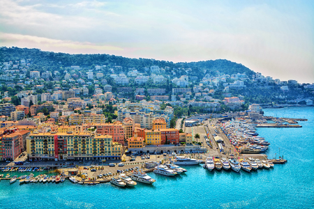 Cote d'Azur France. Beautiful panoramic aerial view city of Nice, France. Luxury resort of French rivieraのeditorial素材